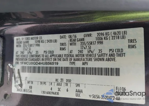 2017 Ford Escape Se из США, поврежденный, VIN 1FMCU0GD4HUB56519